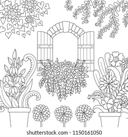 Window and beautiful garden for coloring book page. Vector illustration