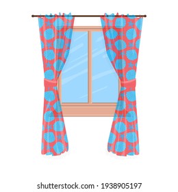 Ventana con hermosas cortinas de enlucido rojo largo con estepas y diseños de conchas marinas