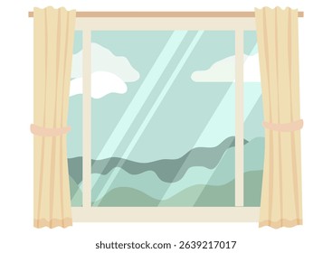 A window with beige curtains and a scenic view of green hills and blue sky with clouds. Interior decor element.