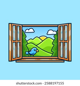Window With Bird And Mountain View Cartoon Vector Icon Illustration. Nature Object Icon Concept Isolated Premium Vector. Flat Cartoon Style