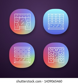 Window blinds app icons set. Austrian, cellular shades, lace curtains, window treatment set. Office interior design. UI/UX user interface. Web or mobile applications. Vector isolated illustrations