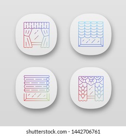 Window blinds app icons set. Austrian shades, lace curtains, window treatment set. House decor. Office interior design. UI/UX user interface. Web or mobile applications. Vector isolated illustrations