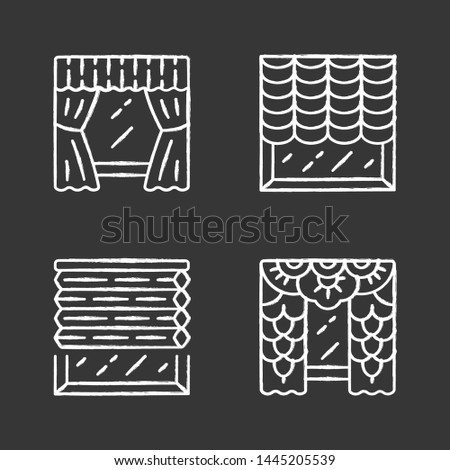 Window blinds chalk icons set. Austrian, cellular shades, lace curtains, window treatment set. Room darkening decoration. House decor. Office interior design. Isolated vector chalkboard illustrations