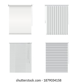 Window blinds, closed curtains, jalousie realistic empty template set. Roller shades horizontal, vertical design mockups. Privacy concept. Interior element. Vector blinds isolated on white.
