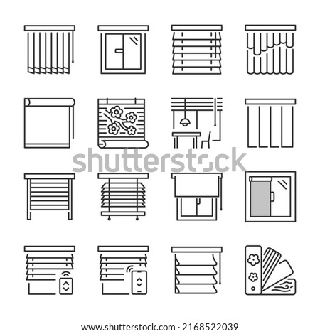 Window blinds icons set. Statutory different types of blinds, linear icon collection. Line with editable stroke