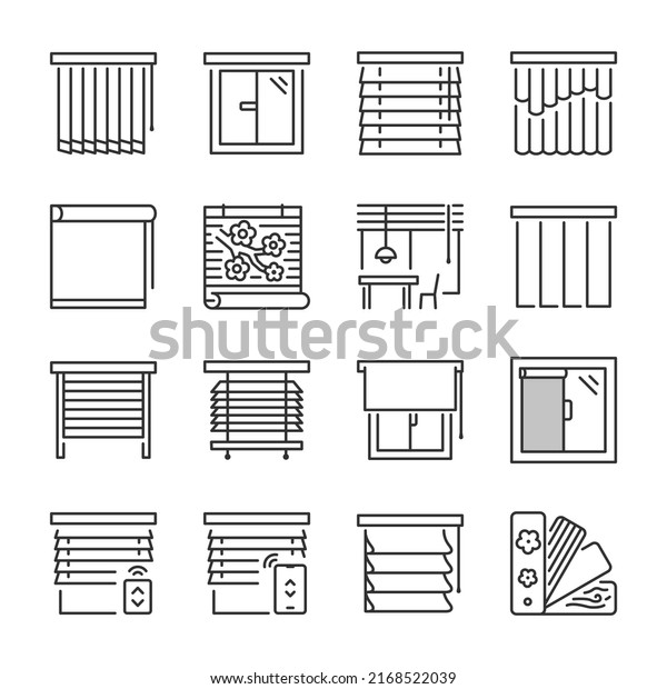 Window blinds icons\
set. Statutory different types of blinds, linear icon collection.\
Line with editable\
stroke