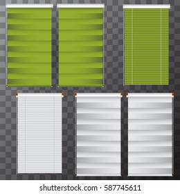 Window blinds. Jalousie set on transparent background. Interior elements for your projects. White and green color. Vector eps 10.