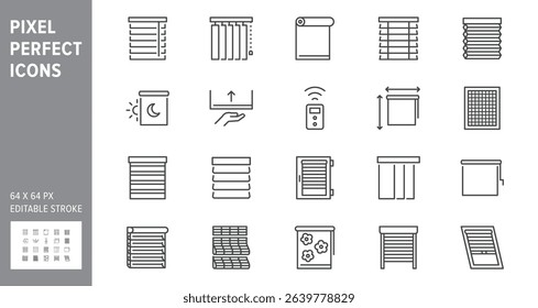 Window blinds line icon set. Vector illustration include icon - mosquito net, roller, automatic motorized rolls, measuring, solar outline pictogram for jalousie. 64x64 Pixel Perfect, Editable Stroke.