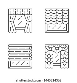 Window blinds linear icons set. Austrian, cellular shades, lace curtains, window treatment set. House interior design. Thin line contour symbols. Isolated vector outline illustrations. Editable stroke