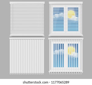 Window blinds mockup set. Vector realistic illustration of plastic windows with white horizontal and vertical blind curtains.