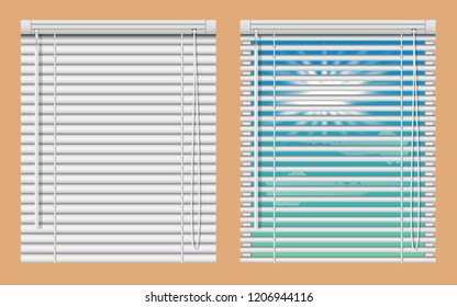 Window blinds mockup set. Vector realistic illustration windows with open and close horizontal blind curtains.