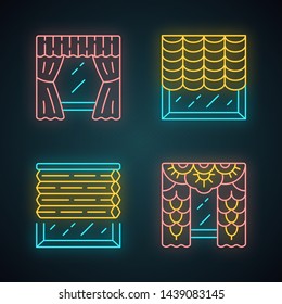 Window blinds neon light icons set. Austrian shades, lace curtains, window treatment set. Room darkening decoration. House decor. Office interior design. Glowing signs. Vector isolated illustrations
