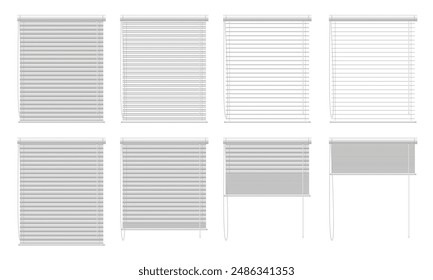 Fensterjalousien öffnen die Animation. Stufen der Öffnung und Schließung von Jalousien, Horizontale Lamellenjalousien Optionen für Fensterdekoration. Isolierte Vektorillustration