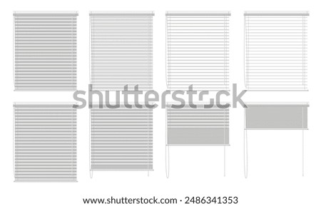 Window blinds open animation. Stages of Venetian blinds opening and closing, horizontal slat blinds options for window decor. Isolated vector illustration set