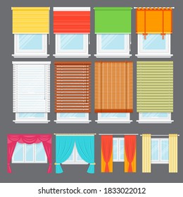 Window Blinds Set. Isolated Home Room And Office Curtain, Jalousie, Shade, Drapery, Blind Design Icon Collection. House Interior Window Treatment Decoration Vector Illustration