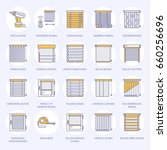 Window blinds, shades line icons. Various room darkening decoration, roller shutters, roman curtains, horizontal and vertical jalousie. Interior design thin linear signs for house decor shop.