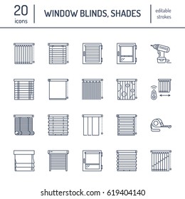 Window blinds, shades line icons. Various room darkening decoration, roller shutters, roman curtains, horizontal and vertical jalousie. Interior design thin linear signs for house decor shop.