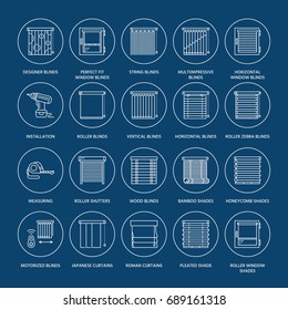 Window blinds, shades line icons. Various room darkening decoration, roller shutters, roman curtains, horizontal and vertical jalousie. Interior design thin linear signs for house decor shop