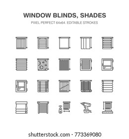 Window blinds, shades line icons. Various room darkening decoration, roller shutters, roman curtains, horizontal and vertical jalousie. Interior design signs for house decor shop. Pixel perfect 64x64.