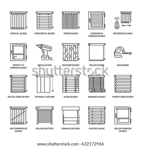 Window blinds, shades line icons. Various room darkening decoration, roller shutters, roman curtains, horizontal and vertical jalousie. Interior design thin linear signs for house decor shop.