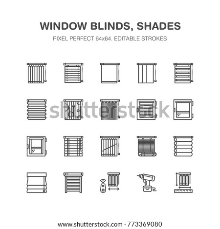 Window blinds, shades line icons. Various room darkening decoration, roller shutters, roman curtains, horizontal and vertical jalousie. Interior design signs for house decor shop. Pixel perfect 64x64.
