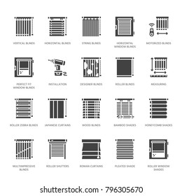 Window blinds, shades vector glyph icons. Various room darkening decoration, roller shutters, roman curtains, horizontal vertical jalousie. Interior design solid silhouette signs for house decor shop.