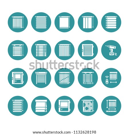 Window blinds, shades vector glyph icons. Various room darkening decoration, roller shutters, roman curtains, horizontal vertical jalousie. Interior design solid silhouette signs for house decor shop.