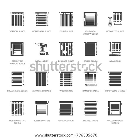 Window blinds, shades vector glyph icons. Various room darkening decoration, roller shutters, roman curtains, horizontal vertical jalousie. Interior design solid silhouette signs for house decor shop.