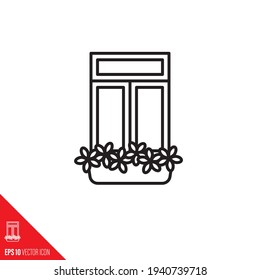 Window with blooming flowers in flower box vector line icon