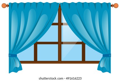 Window with blue curtain illustration