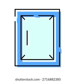 Ventana con un marco azul y vidrio, que muestra una ilustración moderna simple de la funcionalidad potencial de apertura y cierre con flechas de esquina y un mango