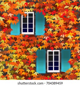 Window with blue shutters and autumn grape leaves seamless pattern