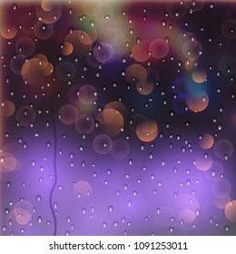 Window with blured city light and rain drops on it. Realistic vector illustration.
