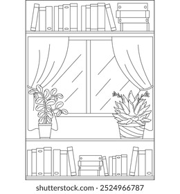 window bookshelf minimal style coloring book page for kids and adults creative coloring mindful relaxation activity