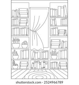 window bookshelf minimal style coloring book page for kids and adults creative coloring mindful relaxation activity