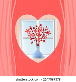 Window with bouquet of red flowers. Vector illustration.