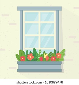 Window, box with flowers. white wall. Vector illustration in flat style.