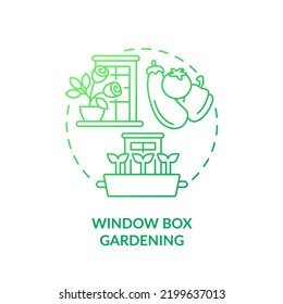 Icono de concepto de degradado verde de jardinería de la ventana. Contenedores de Windosill. Cultivando plantas. Método de jardinería idea abstracta ilustración de línea delgada. Dibujo de contorno aislado. Se usa una fuente Myriad Pro-Bold