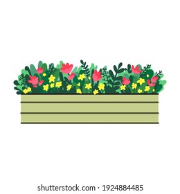 Window box with red and yellow flowers. Vector illustration in flat style.