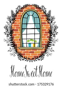Window in a brick wall with a floral vignette and calligraphic writing Sweet home