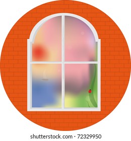 Window in a brick wall with a kind on a fuzzy summer landscape