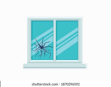 Window Broken With Cracked Glass Vector Illustration. Cartoon Window On Brick Wall Building Facade Design Element