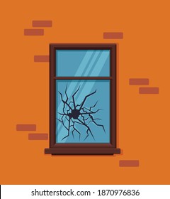 Window broken with cracked glass vector illustration. Cartoon window on brick wall building facade design element