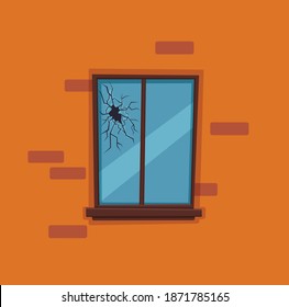 Ventana rota con ilustración vectorial de vidrio craqueado. Ventana de dibujos animados sobre elementos de diseño de fachada del edificio de ladrillos