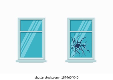 Window Broken With Cracked Glass Vector Illustration. Cartoon Window On Brick Wall Building Facade Design Element