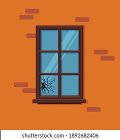 Das Fenster ist mit gecrackter Vektorgrafik aus Glas zerbrochen. Cartoon-Fenster auf Ziegelwand Fassade Design-Element