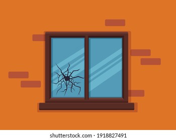 Window broken with cracked glass vector illustration. Cartoon window on brick wall building facade design element