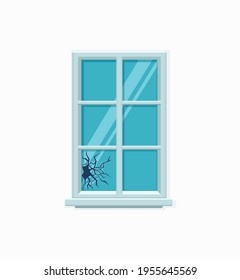 Ventana rota con ilustración vectorial de vidrio craqueado. Ventana de dibujos animados sobre elementos de diseño de fachada del edificio de ladrillos