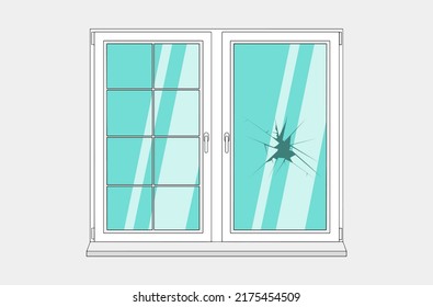 Ventana rota con ilustración vectorial de vidrio craqueado. Ventana de dibujos animados sobre elementos de diseño de fachada del edificio de ladrillos
