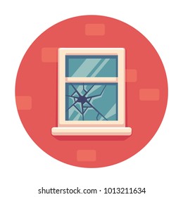 Window with broken glass on red brick wall. Simple cartoon vector illustration. Broken windows theory concept.